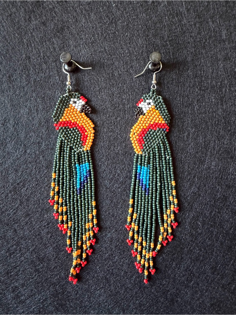 Handmade Green Multicolor Parrot Beaded Fringe Earrings